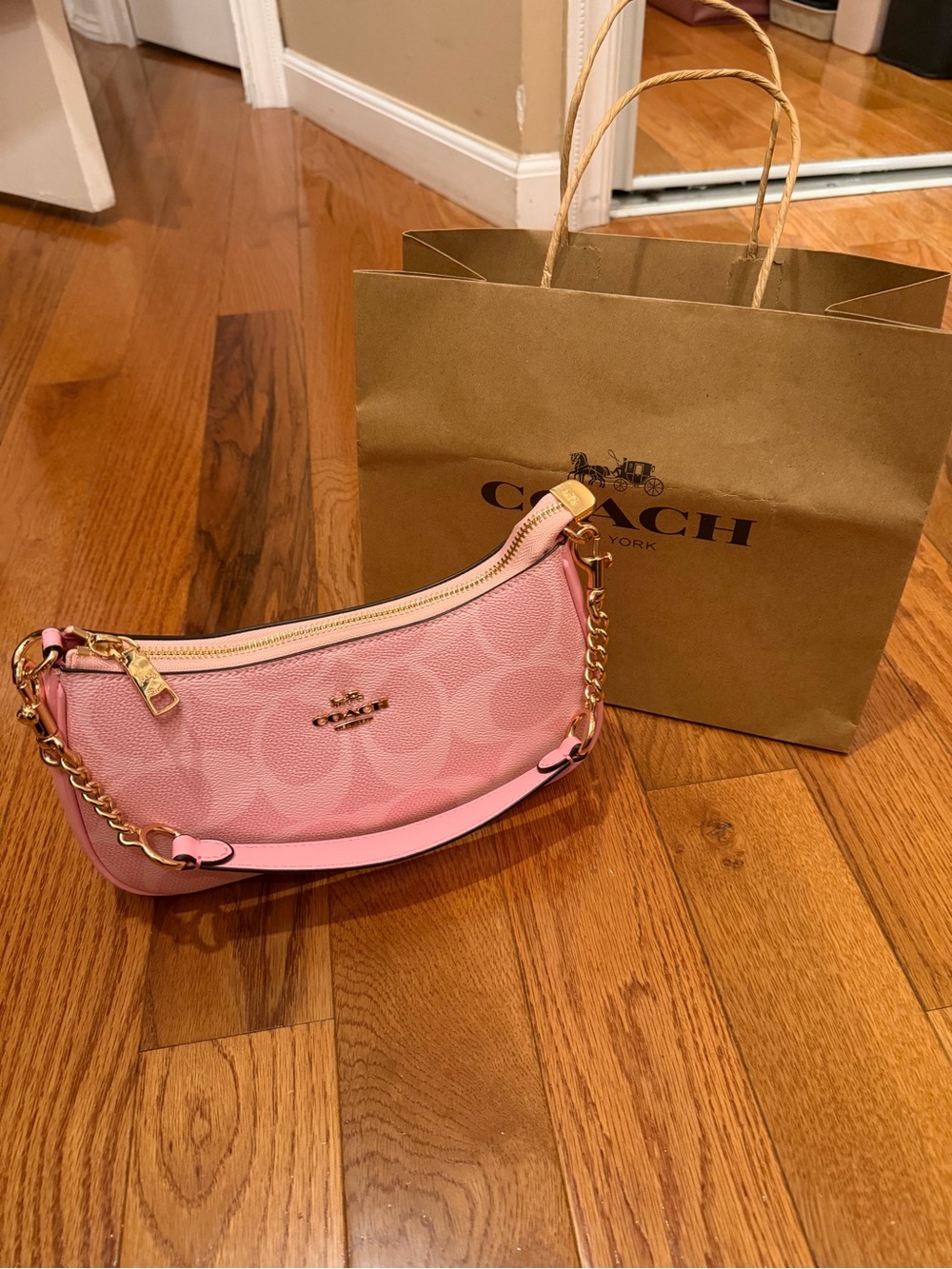 Coach Pink Signature Canvas Crescent Shoulder Bag with Gold Hardware